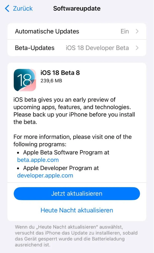 岳西苹果手机维修分享苹果 iOS / iPadOS 18 开发者预览版 Beta 8 发布 